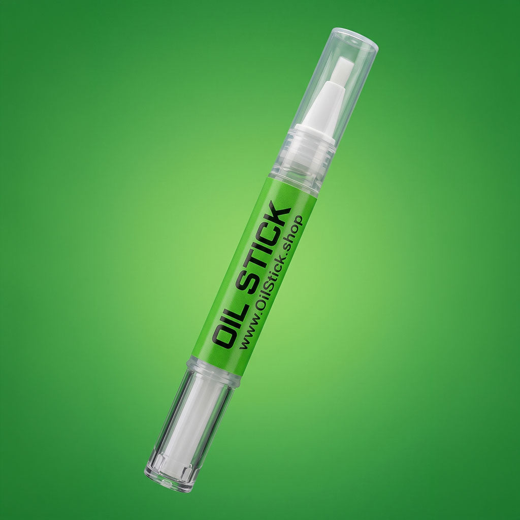 Oil Stick pen, for lubricating 3D printers, with green label on a green background