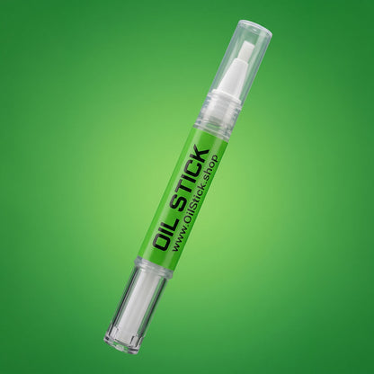 Oil Stick pen, for lubricating 3D printers, with green label on a green background